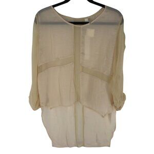 Line & Dot Womens Sheer Cream Blouse LT1300A Silk Trim Size Large Hi Low Hem
